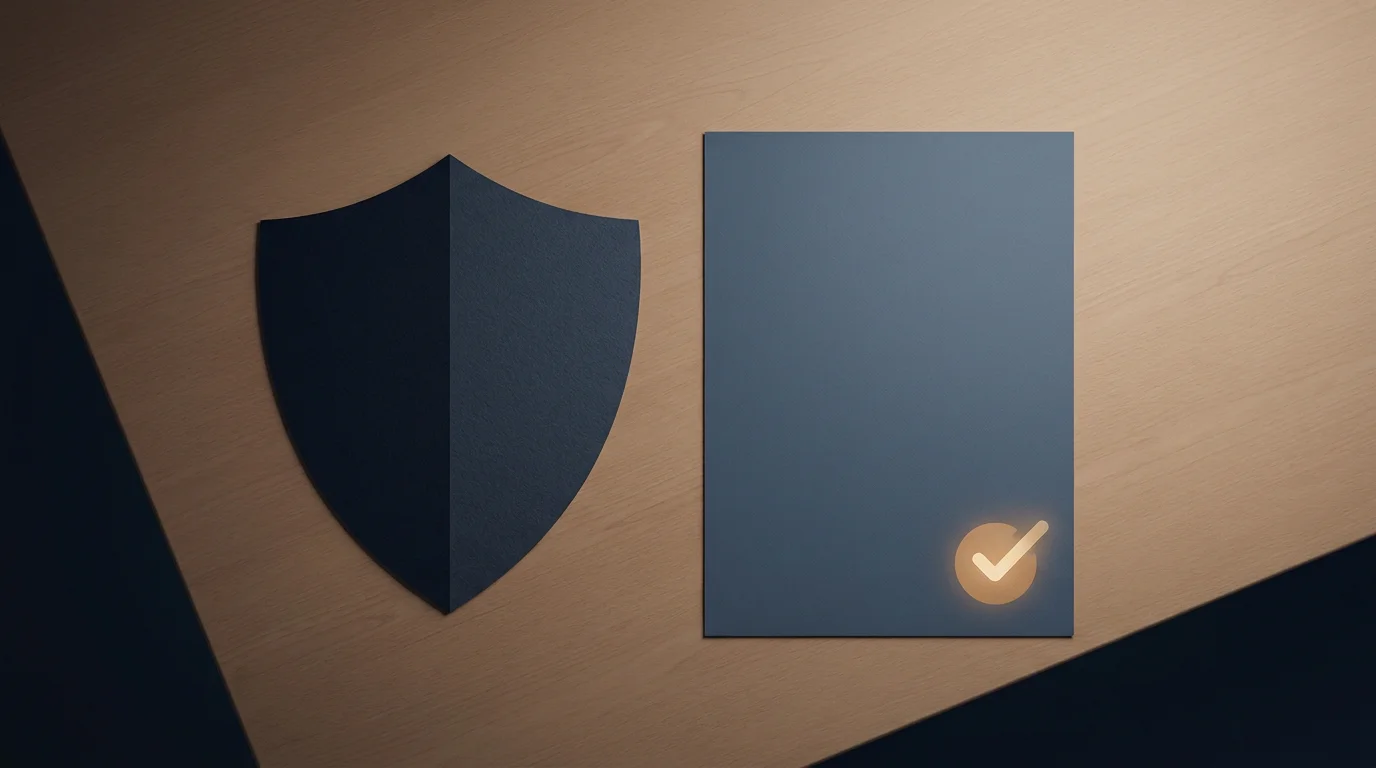Abstrakt skjold og dokument med kontrollmarkering, uten regulatorlogo, segl eller tekst